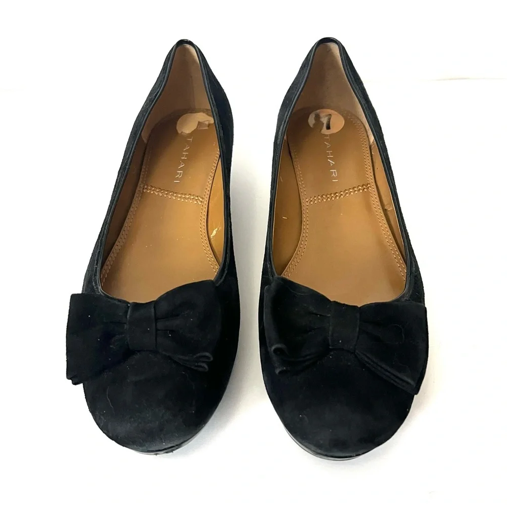Tahari Black Suede Leather Flats Black Suede Bows Shoes Flats Low Heel Size 7
